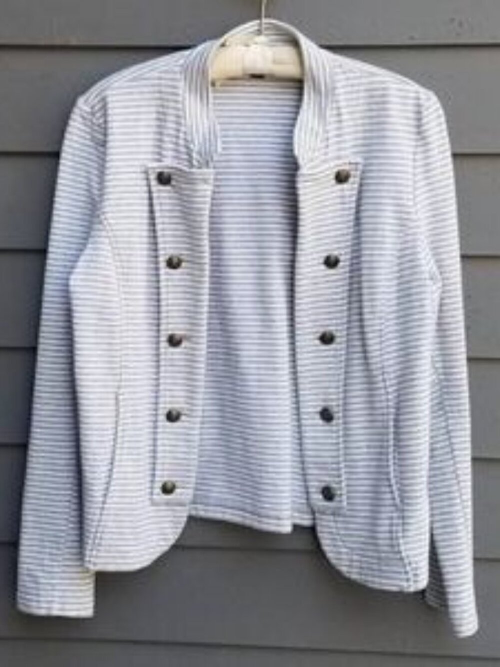 Tommy Hilfiger Gray White Stripe Military Style Knit Jacket Large